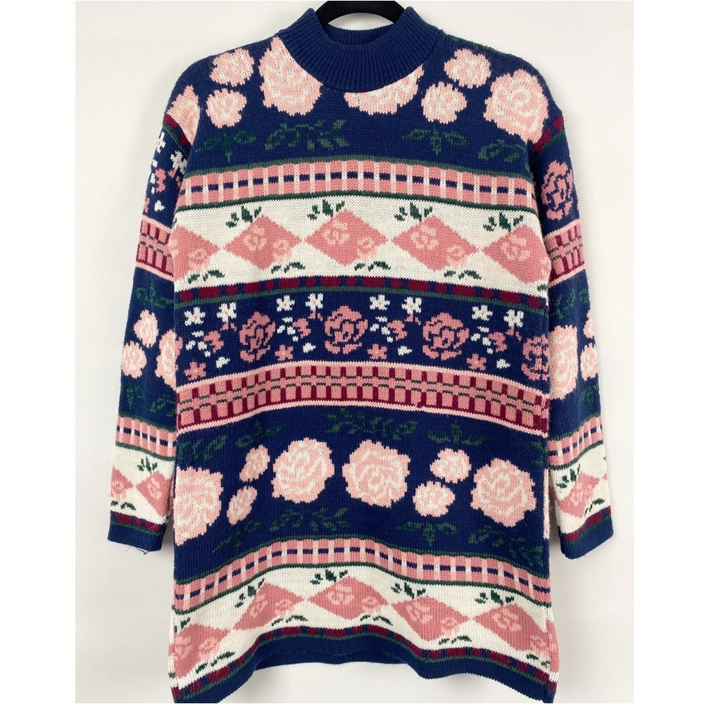 Vintage Grandma Cottagecore Sweater M‎ Crewneck Fair Isle Floral USA Mathi